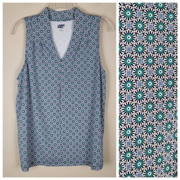 Lands' End Geometric Floral Soft Cotton Modal Stretch Tank Top Green Blue Size L - Picture 1 of 12